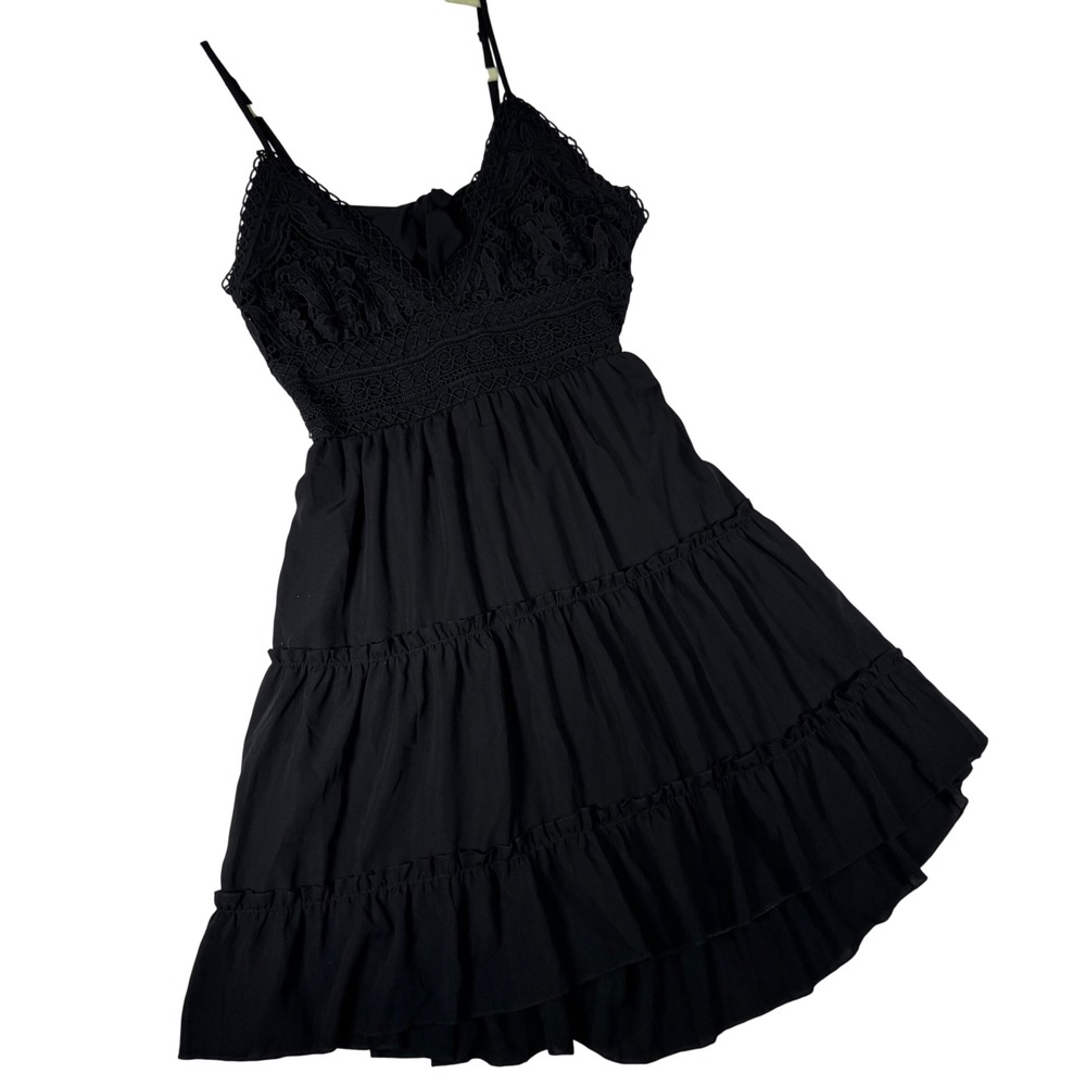Ecowish Black Crochet Lace Tiered Mini Dress Tie Back Boho Small Summer Sundress